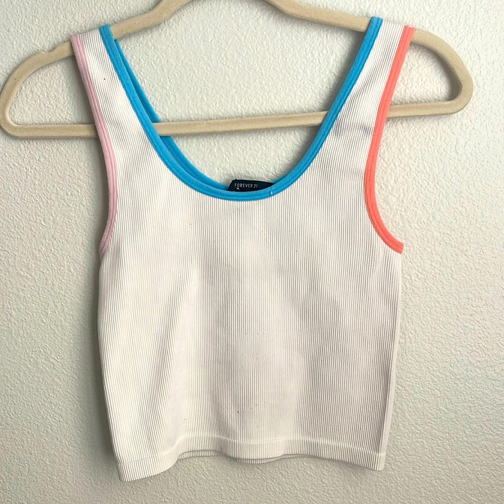 ribbed white cropped tank top with colorful shoulder outlining